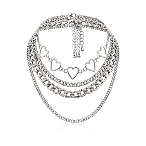 Simple Heart Necklace Lolita Choker Chain Layered Cuban Chunky Silver Chain Necklace for Women Men Girls Chic y2k Clothes Jewelry (Silver 1)