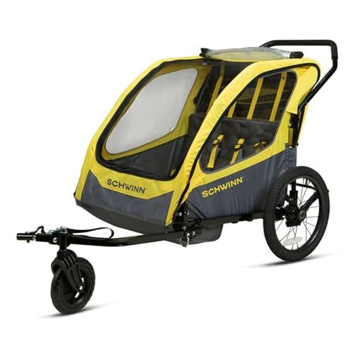 Schwinn Willow River Double Trailer with Stroller Kit and Aluminum Frame Design for Bike Child Carrier Trailers, Yellow and Black