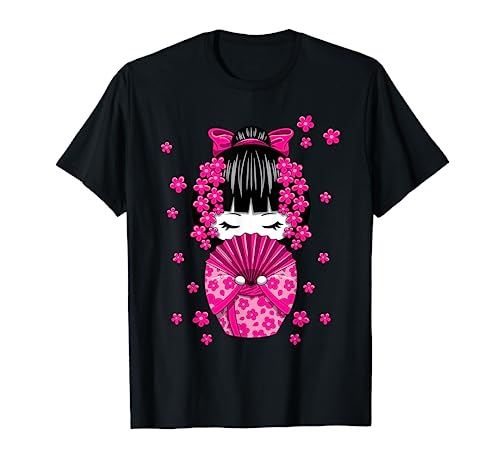 Kawaii Kokeshi Doll with Japanese Cherry Blossom Flowers T-Shirt