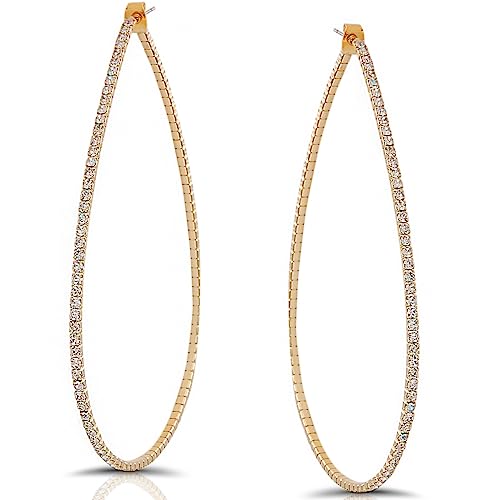 Humble Chic Rhinestone Hoop Earrings For Women - Simulated Diamond Teardrop Hoops Jewelry, Extra Large Big Huge Bling Ear Jackets, Long Sparkly Pave Thin CZ Drop, Gold Tone - 3.5' XXL