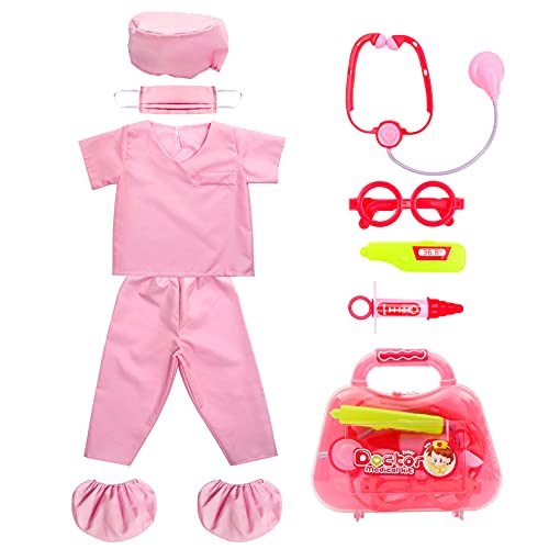 Fedio Kid’s Scrubs Role Play Costume Dress up Set with Medical Toy Kit for Toddler Children Ages 3-5 (Hot Pink)