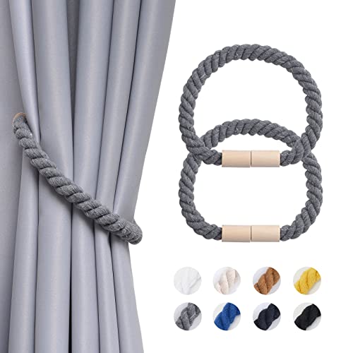 NICEEC 2 Pack Wooden Magnetic Curtain Tiebacks Boho Home Decoration Drape Tie Backs Natural Cotton Handmade Rope Curtain Holdbacks for Thin or Thick Home & Office Window Drapery (Grey)