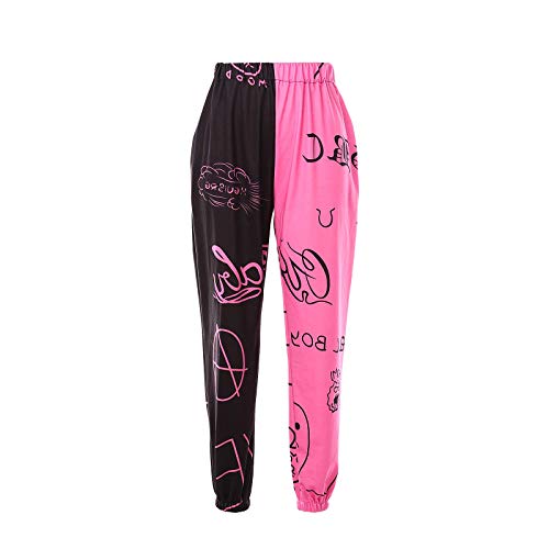 BEELADAN Women's Graffiti Loose Casual Pants Trendy Printed Elastic Waist Ankle-Tied Street Jogger Run Pants with Pattern (Black Rosy Style 1, Medium)