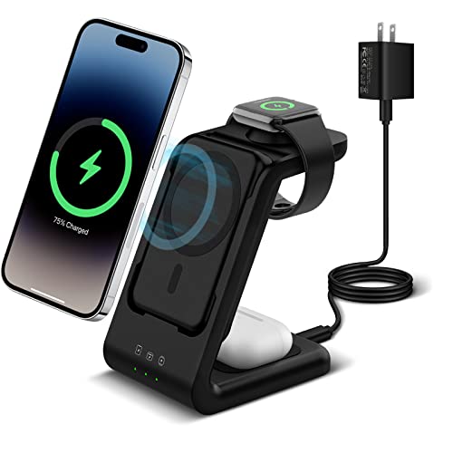 Smtcsl 3 in 1 Wireless Charging Station, Fast Charger Stand Compatible for iPhone/Apple Watch/Airpods, 5000mAh Mag-Safe Battery Pack USB C Power Bank for 15 14 13 12 Series, 20W PD Adapter (Black)