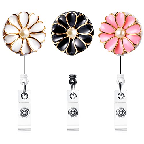 Qinsuee Retractable Badge Holder with Alligator Clip, 24 inch Retractable Cord, ID Badge Reel with Pearl, 3 Pack (Multiple)