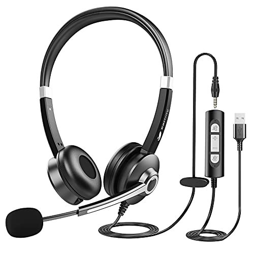 USB Computer Headset with Microphone for Laptop PC,3.5mm Wired Stereo Call Center Headset with Microphone Noise Cancelling, Corded Desktop Headphones with Mic & Mute for Office/Telework/Home/Zoom