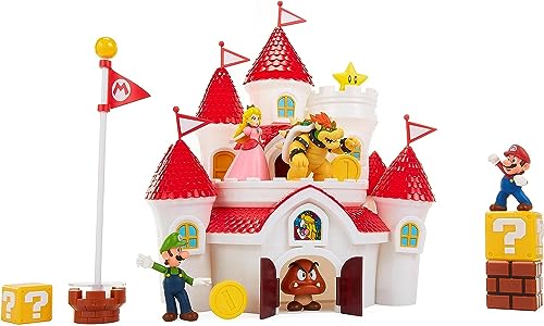 Super Mario Nintendo Deluxe Mushroom Kingdom Castle, Wall Display & Playset with (5) 2.5' Articulated Action Figures (Exclusive Bowser Figure, Princess Peach, Mario, Luigi & Goomba)