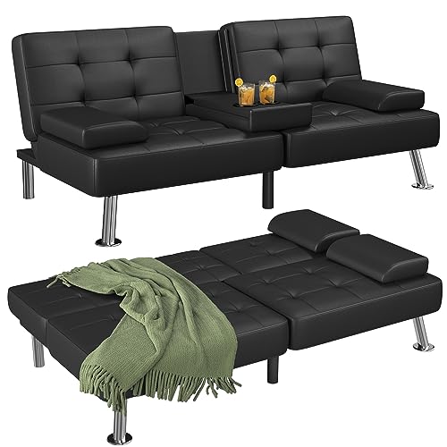 Flamaker Futon Sofa Bed Modern Folding Futon Set Faux Leather Convertible Recliner Lounge for Living Room with 2 Cup Holders, Removable Armrests (Faux Leather, Black)