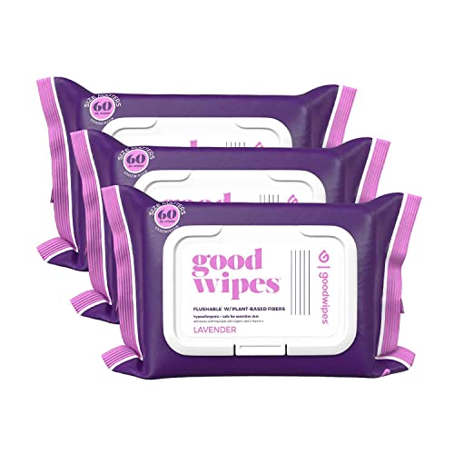 Goodwipes Flushable Butt Wipes Made w/Soothing Botanicals & Aloe – Soft & Gentle Wet Wipe Dispenser for Home Use, Septic & Sewer Safe – Largest Adult Toilet Wipes – Lavender, 180 count (3 packs)