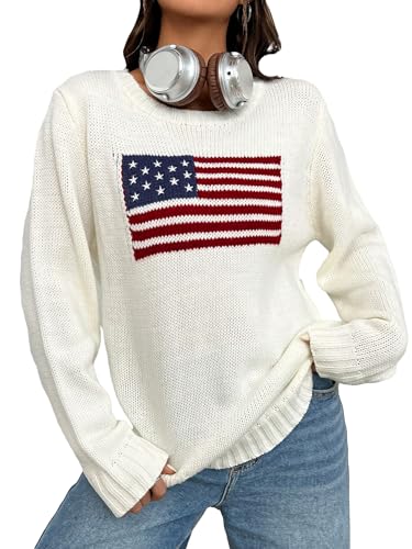 SweatyRocks Women's Flag Pattern Long Sleeve Round Neck Sweater Casual Loose Pullover Sweater White M