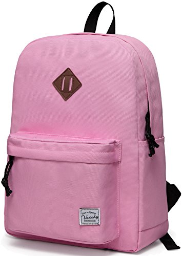 VASCHY Lightweight Backpack for School, Classic Basic Water Resistant Casual Daypack for Travel with Bottle Side Pockets (Pink)