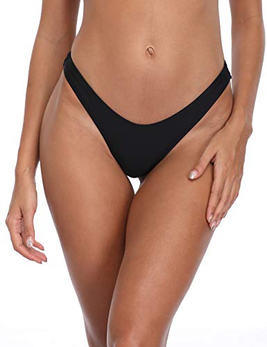 RELLECIGA Women's Black High Cut Thong Bikini Bottom Size Medium