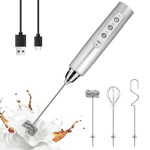 YUSWKO Rechargeable Milk Frother Handheld with 3 Heads, Silver Coffee Electric Whisk Drink Foam Mixer, Mini Hand Stirrer with 3 Speeds Adjustable for Latte, Cappuccino, Hot Chocolate, Egg