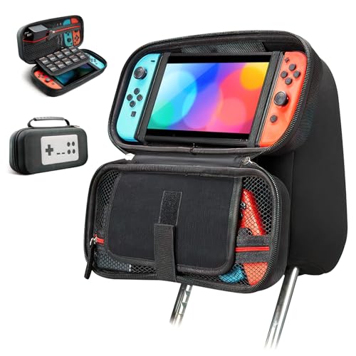 AcceSolie Carry Case for Nintendo Switch/Switch OLED, 2 in 1 Multi-functions, Car Headrest Mount Holder, Portable Protective Hard Shell Travel Carry Case, 10 Game Card Slots, Black