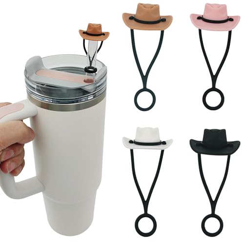 HomDsg 4 Pack Silicone Cowboy Hat Straw Covers Cap Compatible with Stanley Cup 30 40 oz, Cute Funny Tumbler Straw Topper Accessories for Man & Woman Gift