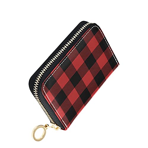 FULUHUAPIN Red Buffalo Check Plaid Credit Card Holder Case Leather Printed Zipper ID Card Case Wallet for Women Girls 20312830