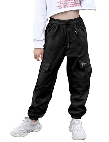 ALINTU Big Girls Cargo Pants Elastic Waist Cargo Jogger Pants with Pockets, Black, 14-16 Years=Tag 180