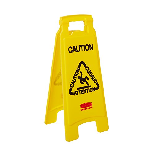 Rubbermaid Commercial Products Multilingual 'Caution' Sign, 26-Inch, Yellow, 2-Sided, Floor Warning Sign in Public Spaces