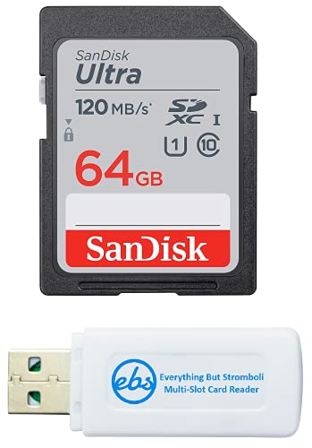 SanDisk 64GB SDXC SD Ultra Memory Card Works with Nikon D3500, D7500, D5600, D5200 Digital Camera Class 10 (SDSDUN4-064G-GN6IN) Bundle with (1) Everything But Stromboli Combo Card Reader