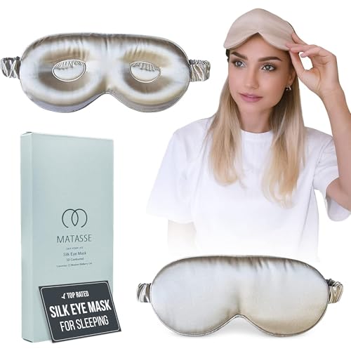 MATASSE 22 Momme Mulberry Silk Eye Sleeping Mask with Adjustable Strap- 3D Contoured Eye Mask for Sleeping, Eye Cover Sleep Mask w/Silk Covered Strap for Women, Men, Genuine Mulberry Silk, Champagne