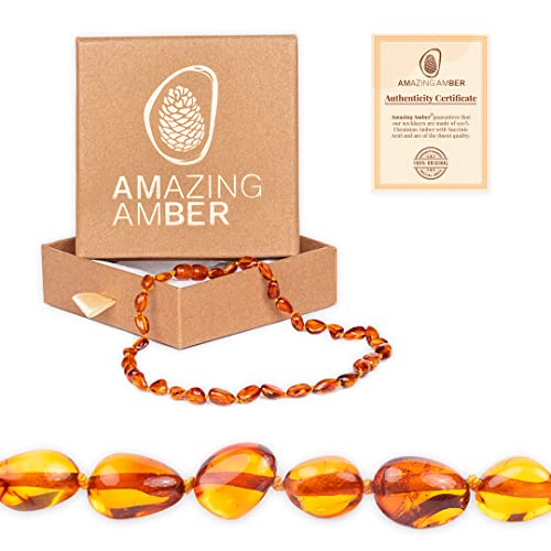 Amber Necklace - 100% Authentic Amber (Rich Honey, 13.5 inches), Certified Amber Necklace with Safety Clasp and Knotted Beads