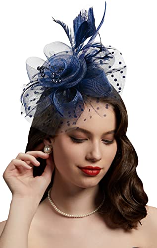 Cizoe Fascinators Hat for Women Tea Party Headband Derby Hats Wedding Flower Cocktail Mesh Feathers Hair Clip(1-d.blue)