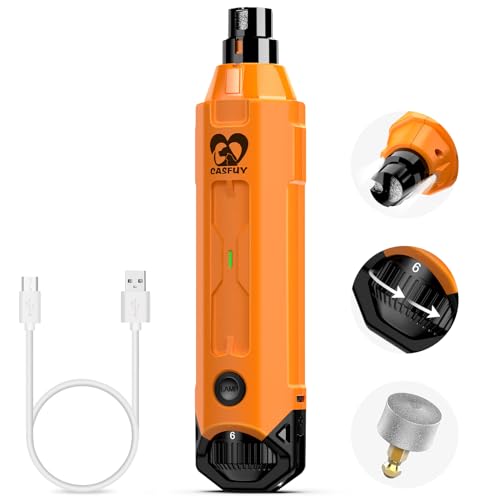 Casfuy 6-Speed Dog Nail Grinder - Newest Enhanced Pet Nail Grinder Super Quiet Rechargeable Electric Dog Nail Trimmer Painless Paws Grooming & Smoothing Tool for Large Medium Small Dogs (Orange)