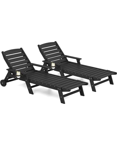 SERWALL Outdoor Chaise Lounge Chair Set of 2, Patio Lounge Chair for Outside, Longer Version Pool Chaise Lounger with Adjustable Backrest for Poolside, Backyard, Lawn, Deck, Black