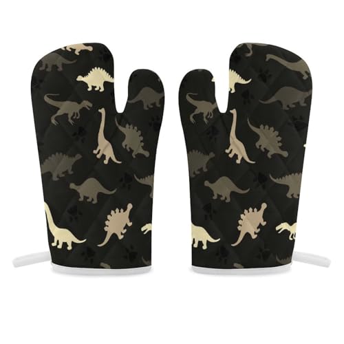 Vintage Retro Dinosaurs Seamless on Black Dark Pattern Print 2-Piece Kitchen Oven Gloves, Double Thickened Gloves with Hanging Loop Mittens for Men Women Home Cooking 11.8 x 5.5 inch