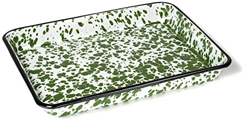 Red Co. 11' x 9' Enamelware Metal Classic 2 Quart Rectangular Serving Tray, Dark Green Marble/Black Rim - Splatter Design