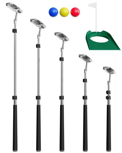 Go For It Golf Kids Putter with Extendable Shaft - Adjustable Size for Junior Golfers - Right Handed - Ideal Training Club for Children, Youth - Includes 3 Balls, Cup with Flag - Silver, 17'-35'