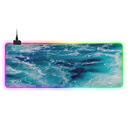 Large RGB Gaming Mouse Pad Atlantic Ocean Blue Water On Sunny Glowing Extended Mousepad 35.4x15.7in, Soft Anti-Slip Rubber Base Luminous Mouse Mat for Pc Laptop, Gaming, Office, Home