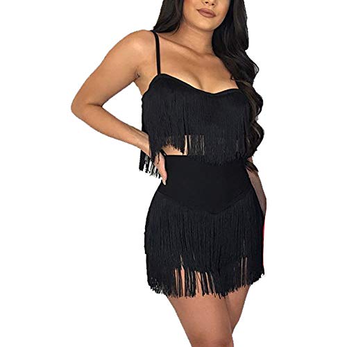 Womens Sexy 2 Piece Outfits Sleeveless Crop Top Feather Tassels Bodycon Mini Dress Outfits Clubwear Black M