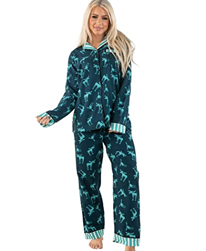 Lazy One Funky Moose Button-Down Adult Pajama Set, Classic Button-Down Shirt and Pants Pjs