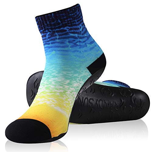 RANDY SUN Summer Barefoot Quick-Dry Aqua Water Shoes, Unisex Outdoor Sand Yoga Socks for Surf Swim Water Sport, Beach Pool Not Waterproof Shoes for Soccer in The Sand(1 Pair Yellow Printed Ankle XL)