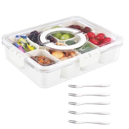 ALEXPRE Divided Serving Tray with Lid, Snack Box, Portable Snack Platters Organizer, Charcuterie Container with 8 Compartments & 5 Forks, Food Storage Containers, Keep Your Candy, Chips Fresh.