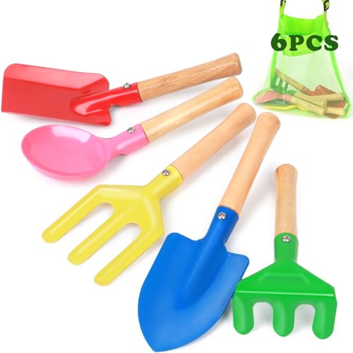 AMOR PRESENT 6PCS Kids Gardening Tools, Safe Beach Sand Toy Set Gardening Equipment Spoon Fork Trowel Rake Shovel for Children