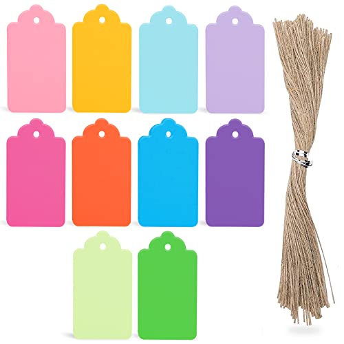 SallyFashion 100 PCS Gift Tags with String, 10 Colors Kraft Paper Tags Hanging Tags Price Tags Greeting Tags for Christmas Gift DIY Crafts Holiday Party Favors