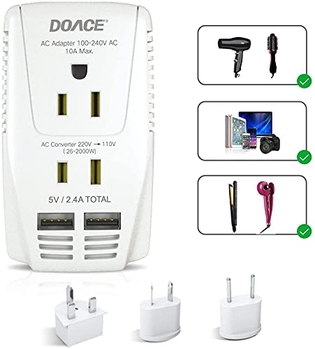 Upgraded DoAce C11 2000W Travel Voltage Converter for Hair Dryer Straightener Curling Iron, Step Down 220V to 110V, 10A Power Adapter with 2 USB and EU/UK/AU/US Plugs for Laptop Camera Cell Phone