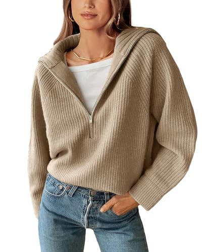 BTFBM Women’s Casual Half Zip Long Sleeve V-Neck Pullover Sweaters Solid Collar Ribbed Knit Loose Slouchy Jumper Tops(Solid Light Khaki, Medium)