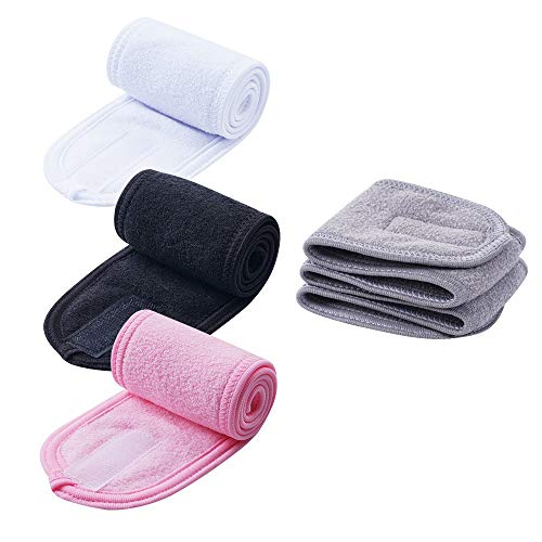 4 PCS Facial Spa Headbands(White, Black, Pink，Gray)， Makeup Shower Bath Wrap Sport Headband Terry Cloth Stretch Towel with Magic Tape