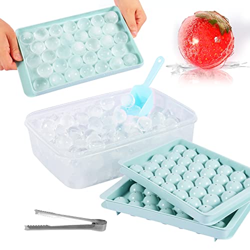 Round Ice Cube Tray, Ice Ball Maker Mold for Freezer with Lid & Bin, Easy Release Mini Sphere Ice Cube Mold Making 1.1IN X 66PCS Circle Small Ice Cube for Cocktail, Whisky(2 Blue Tray, 1 Scoop & Tong)