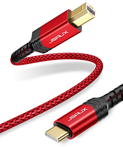 JSAUX USB B to USB C Printer Cable 10ft, Nylon Braided, USB C MIDI Cable Compatible for MacBook Pro, HP, Epson, Canon, Brother, Lexmark, Xerox Printers and Scanner-Red