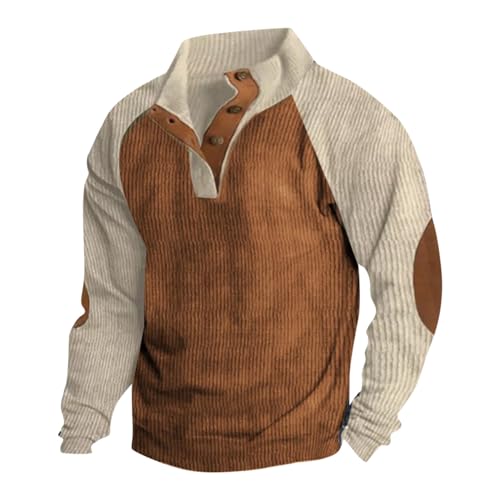 Men's Sweatshirts Lightweight Vintage Print Long Sleeve Stand Collar Button Hoodless Sweatshirts Tops Trendy Winter Sweat Shirts Men's Clothing Dad Gifts(B-Khaki,L2)