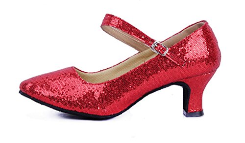 missfiona Women's Glitter Latin Ballroom Dance Shoes Pointed-Toe Y Strap Dancing Heels(8, Red)