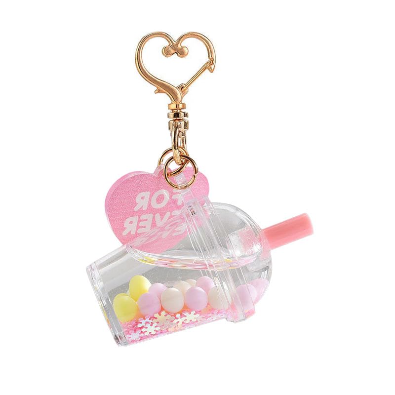 Buddha Bubbles Boba Liquid Filled Keychain with Charm & Heart Clasp Large Cup Measures 2 1/3' (Light Pink)