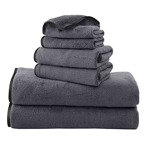 TENSTARS Luxury Silk Hemming Towel Set - Light Thin Quick Drying - 2 Bath Towels 2 Hand Towels 2 Washcloths - Ultra Soft Microfiber, for Bath Fitness, Sports, Yoga, Travel (Dark Grey 6 Pieces)