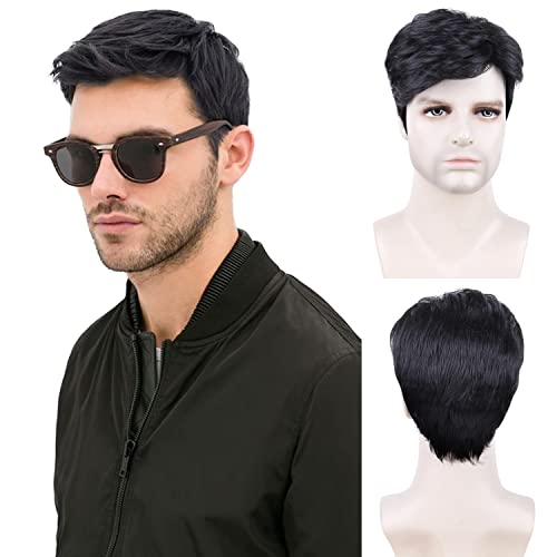 Creamily Mens Wig, Black Short Curly Hair Wig Synthetic Wigs, Halloween Wigs for Men Realistic Wig Caps Men's Costume Wig Cosplay Wigs Side-parting Wigs for Boy Male