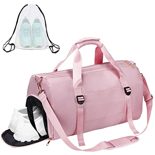 ICEIVY Gym Duffle Bag Dry Wet Separated Gym Bag Sport Duffle Bag Training Handbag Yoga Bag with Extra Drawstring Backpack(Pink-Upgrade) Large