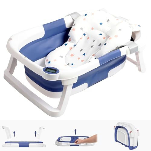 NAPEI Collapsible Baby Bathtub,Baby Bath Tub with Soft Cushion & Thermometer,Baby Bathtub Newborn to Toddler 0-36 Months,Portable Travel Baby Tub,Blue